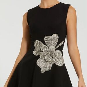 Mac Duggal Black Mini Dress with Silver Crystal Floral Appliqué